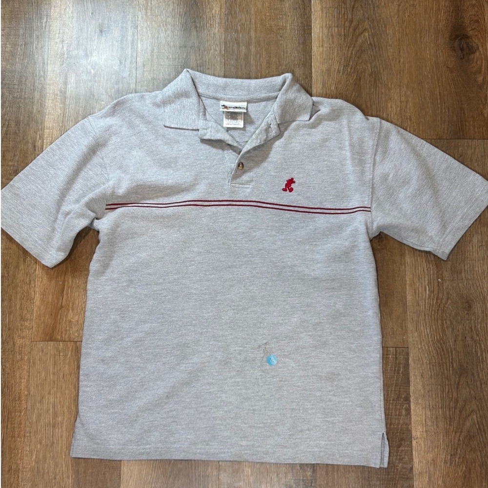 Vintage Walt Disney World Mickey Mouse Polo Shirt Gray Red Stripe Mens Small